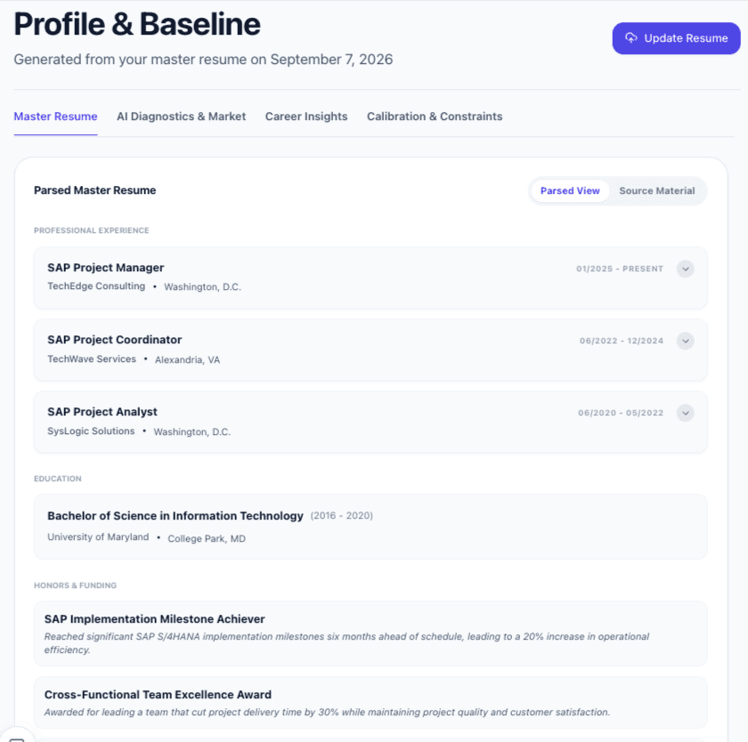 CareerGauge Master Resume structured profile