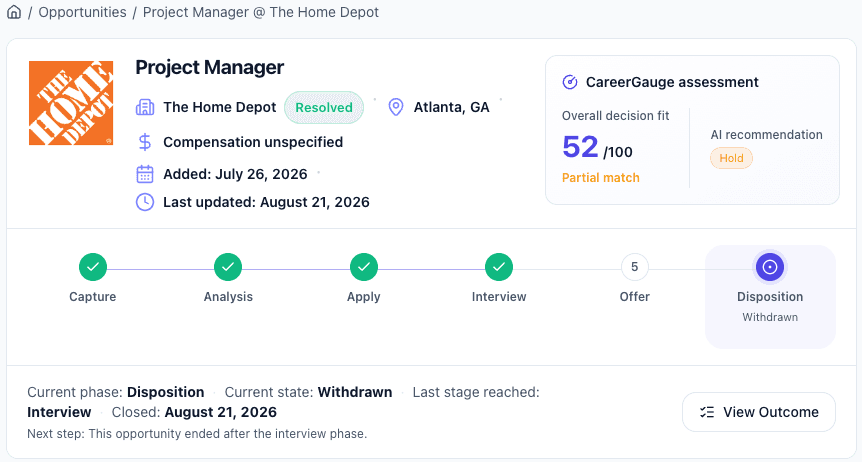 CareerGauge opportunity workspace showing a completed opportunity and its progress from capture through disposition.