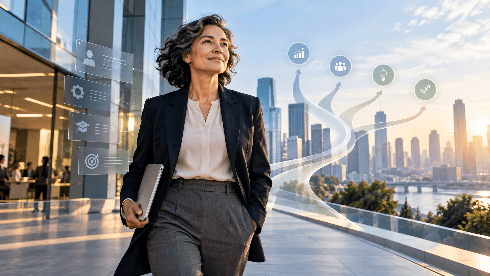 An experienced professional walking toward a city skyline with visual paths representing career options