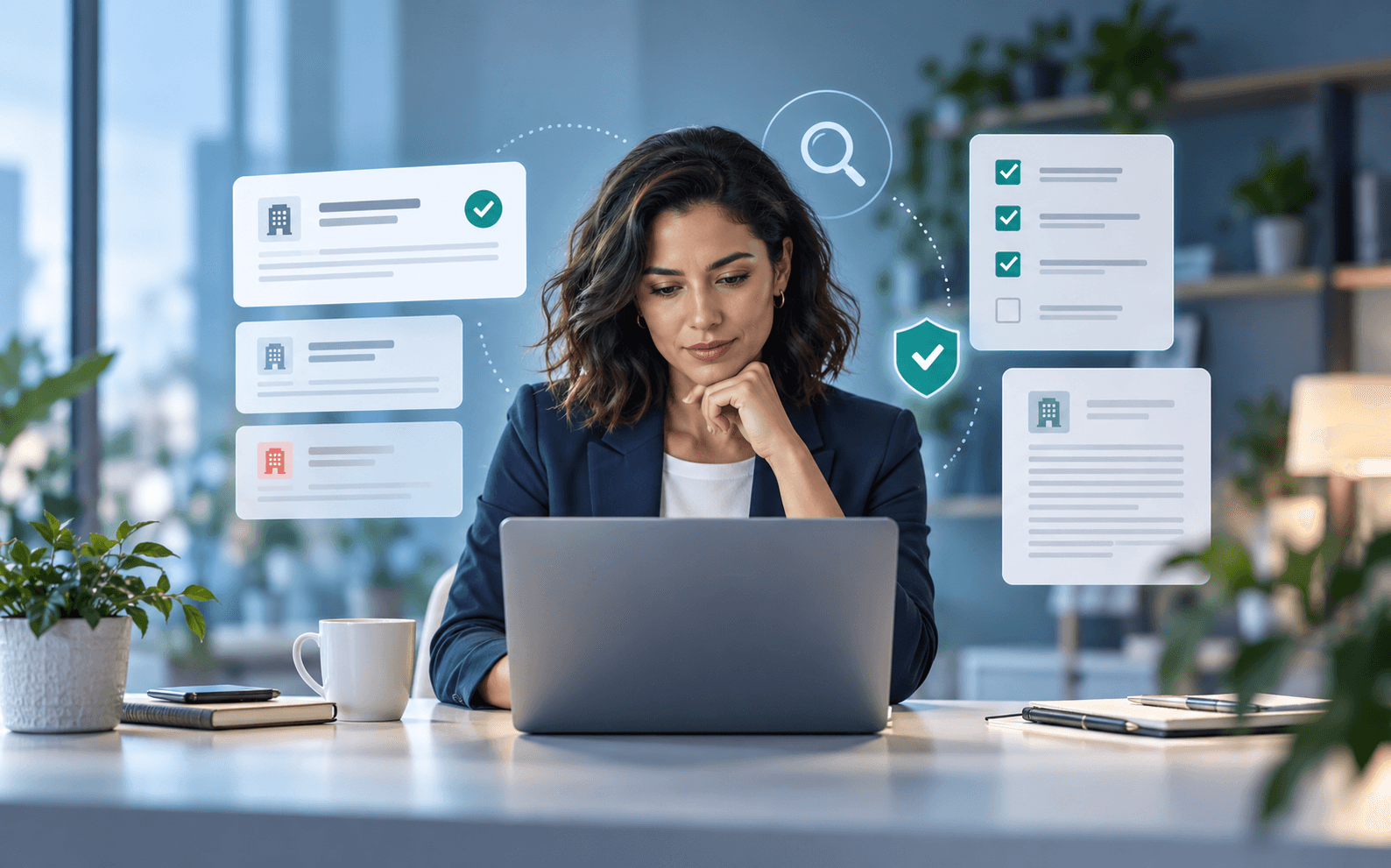 A professional reviewing job-posting details across verified employer and recruiter records
