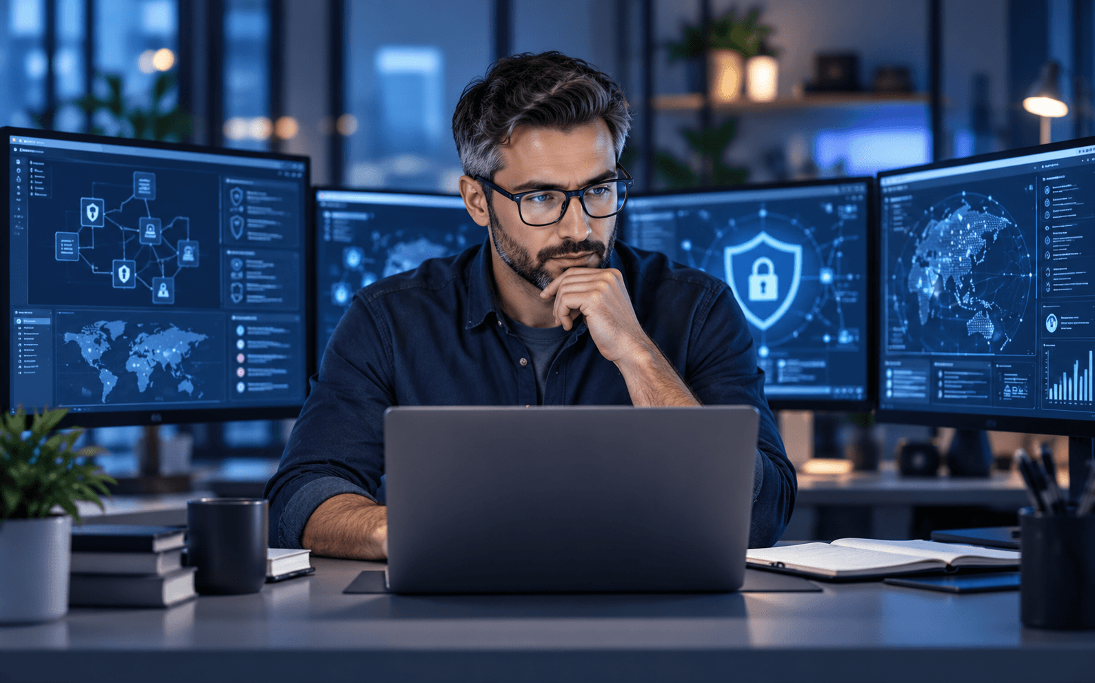 Experienced software engineer examining application architecture, access paths, and security signals at a workstation.